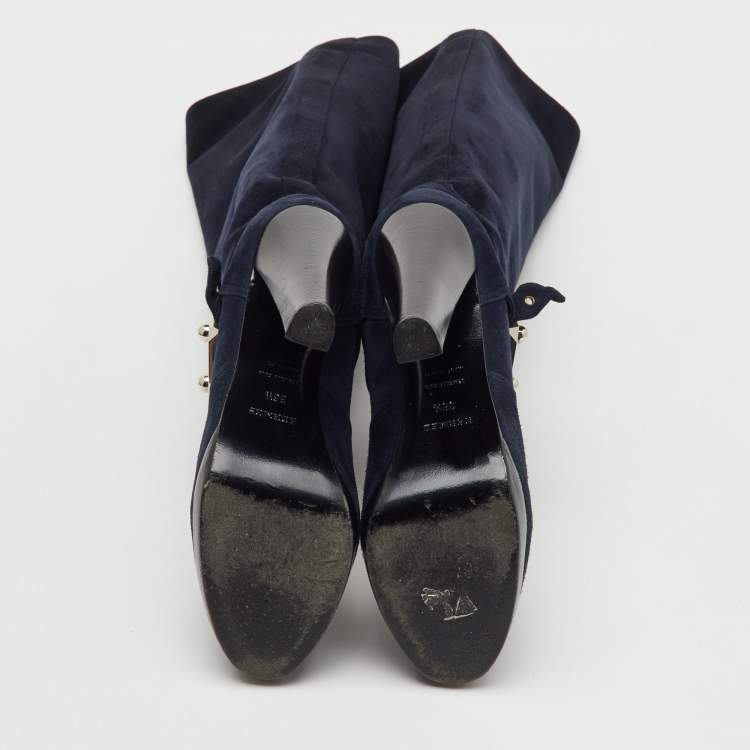 Pre Owned Hermes Navy Blue Suede Knee Length Boots Size 36.5