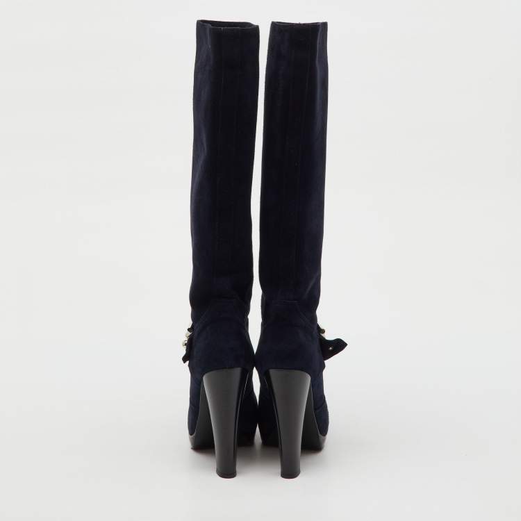 Pre Owned Hermes Navy Blue Suede Knee Length Boots Size 36.5