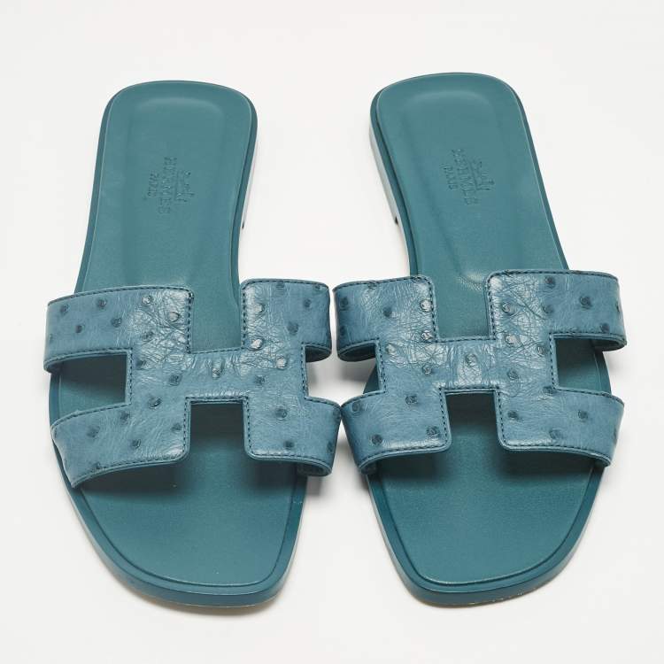 Pre Owned Hermes Blue Ostrich Leather Oran Flat Slide Size 38