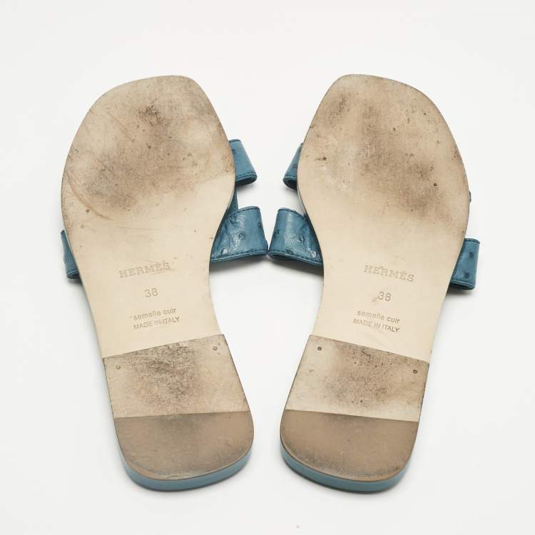 Pre Owned Hermes Blue Ostrich Leather Oran Flat Slide Size 38
