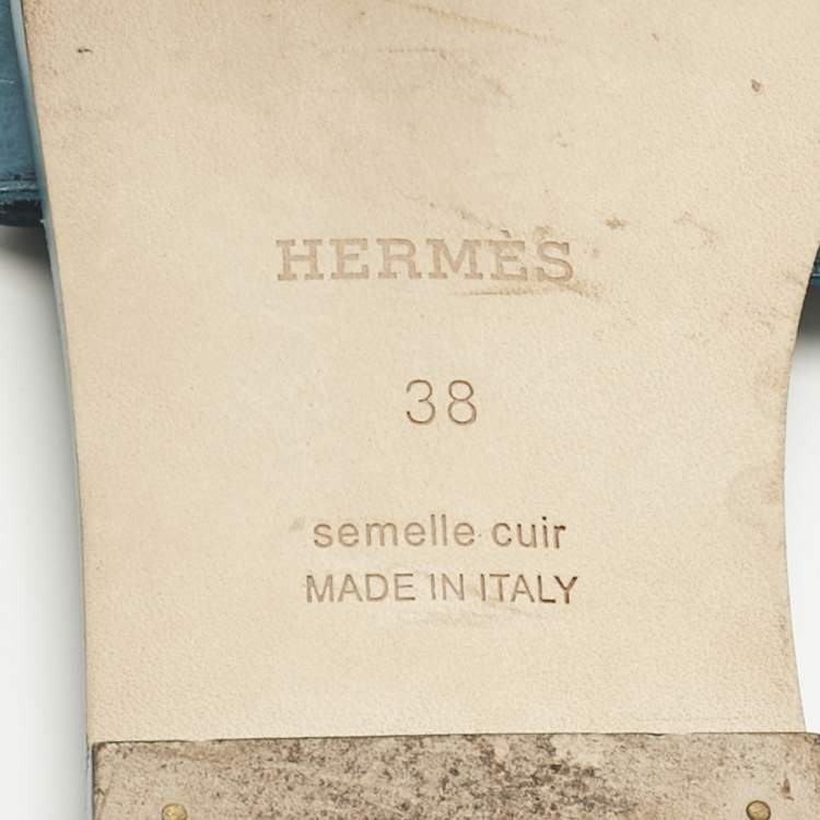 Pre Owned Hermes Blue Ostrich Leather Oran Flat Slide Size 38