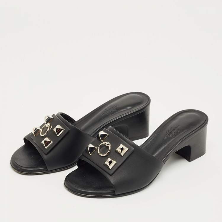 Pre Owned Hermes Black Leather Dreamy Slide Sandals Size 36