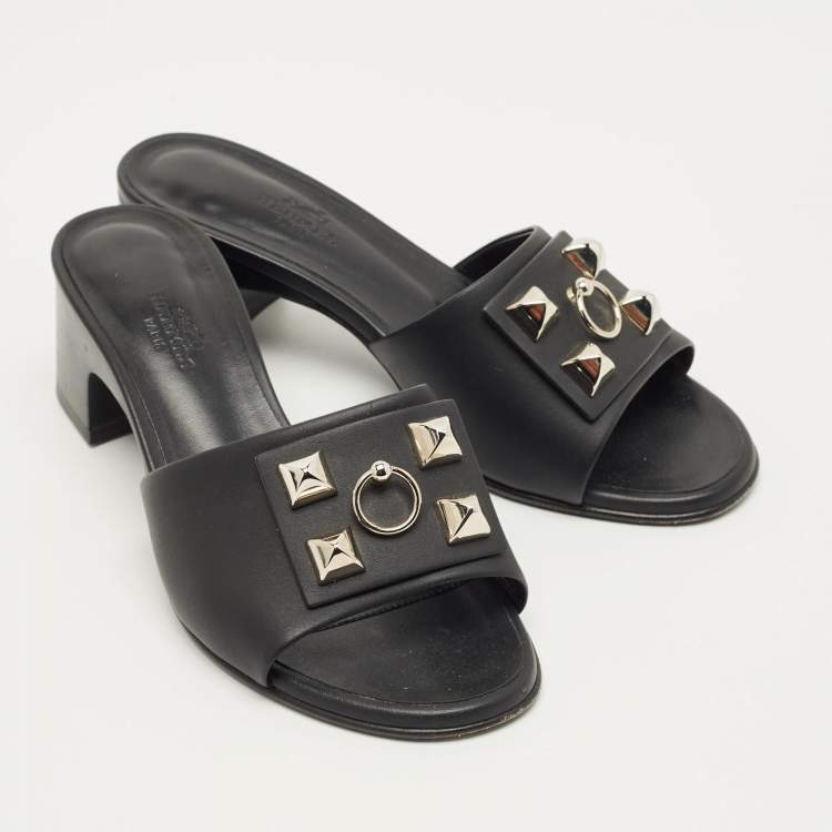 Pre Owned Hermes Black Leather Dreamy Slide Sandals Size 36