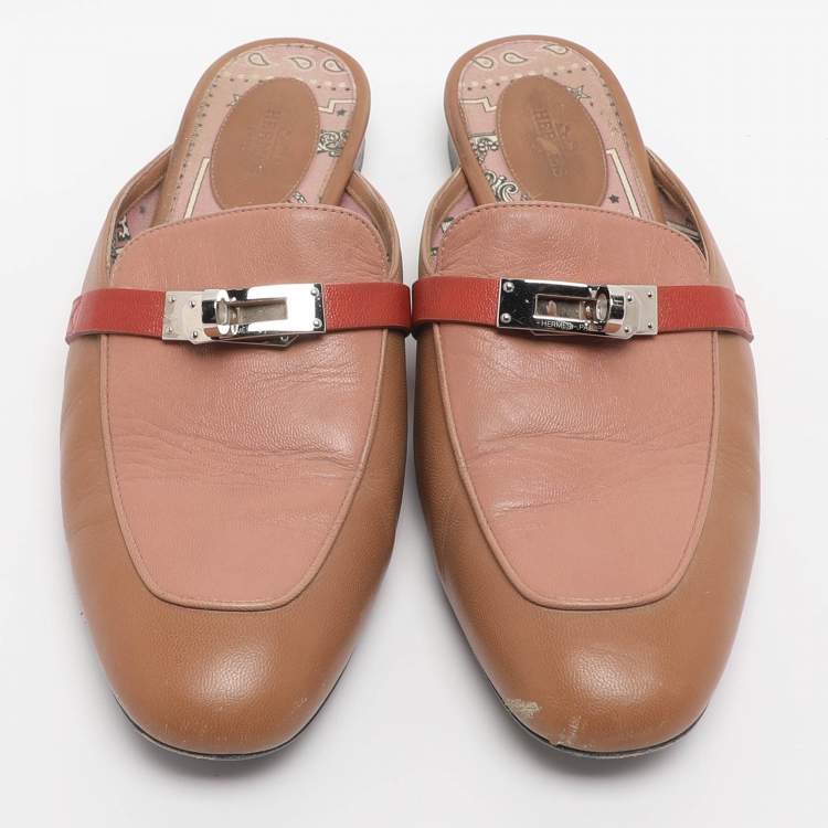 Pre Owned Hermes Tricolor Leather Palladium Finish Plated Oz Mules  Size 38.5
