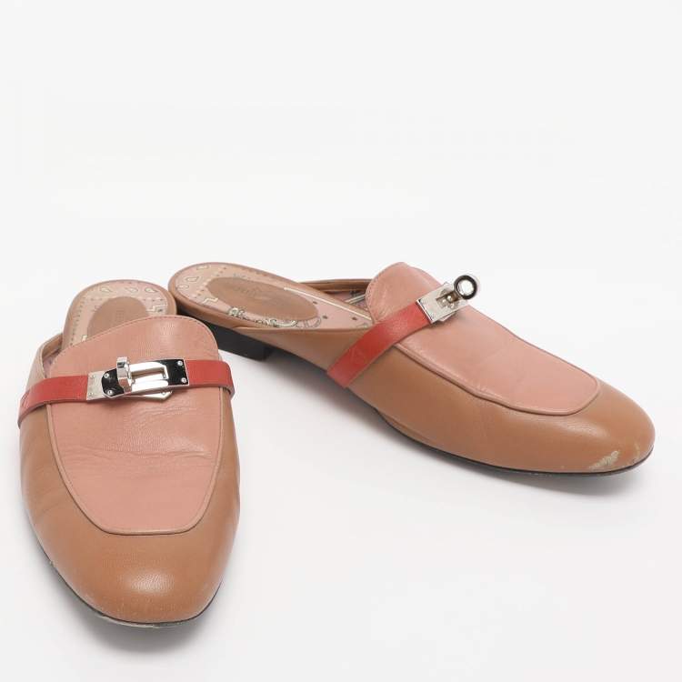 Pre Owned Hermes Tricolor Leather Palladium Finish Plated Oz Mules  Size 38.5