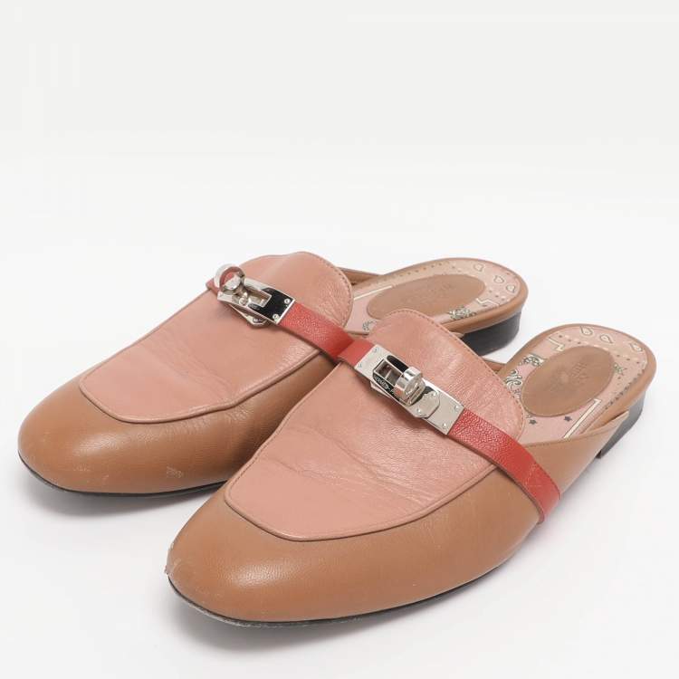 Pre Owned Hermes Tricolor Leather Palladium Finish Plated Oz Mules  Size 38.5