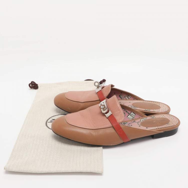 Pre Owned Hermes Tricolor Leather Palladium Finish Plated Oz Mules  Size 38.5