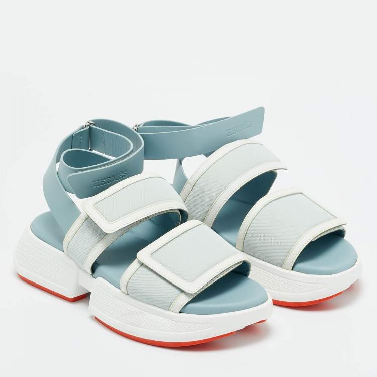 Pre Owned Hermes Blue Leather and Mesh geek Ankle Strap Sandals Size 35.5