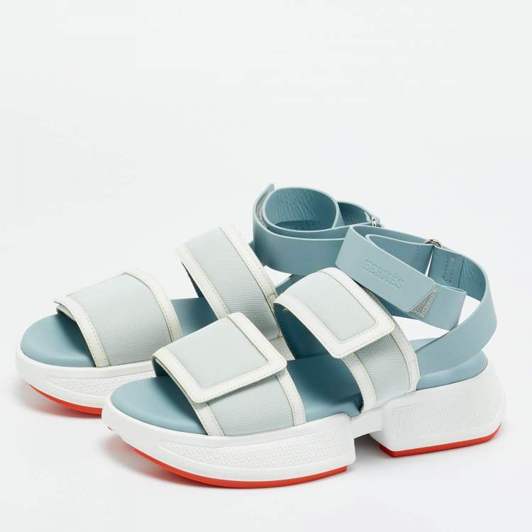 Pre Owned Hermes Blue Leather and Mesh geek Ankle Strap Sandals Size 35.5