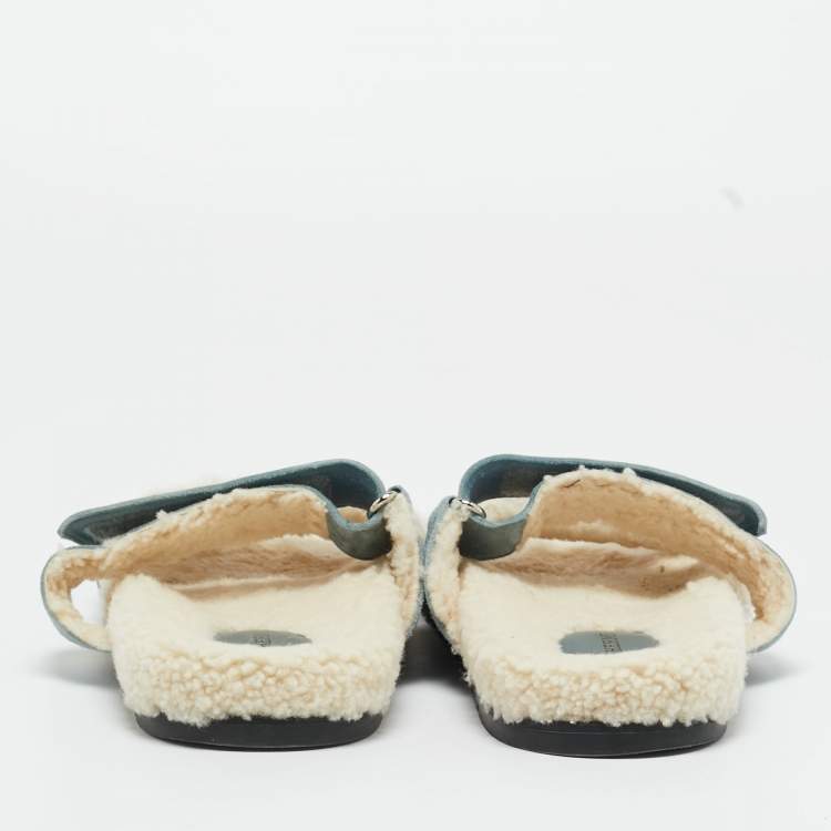 Pre Owned Hermes Blue Shearling Fur and Suede Chypre Slide Sandals Size 39