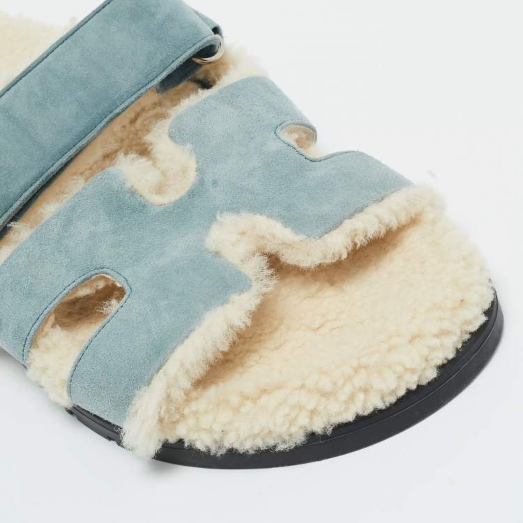 Pre Owned Hermes Blue Shearling Fur and Suede Chypre Slide Sandals Size 39