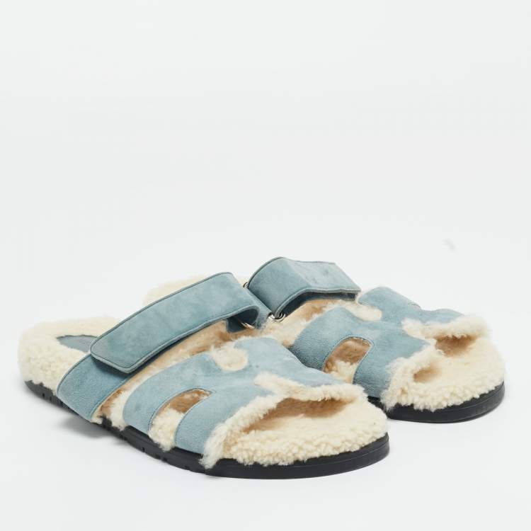 Pre Owned Hermes Blue Shearling Fur and Suede Chypre Slide Sandals Size 39