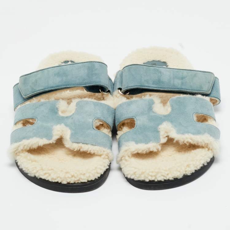 Pre Owned Hermes Blue Shearling Fur and Suede Chypre Slide Sandals Size 39