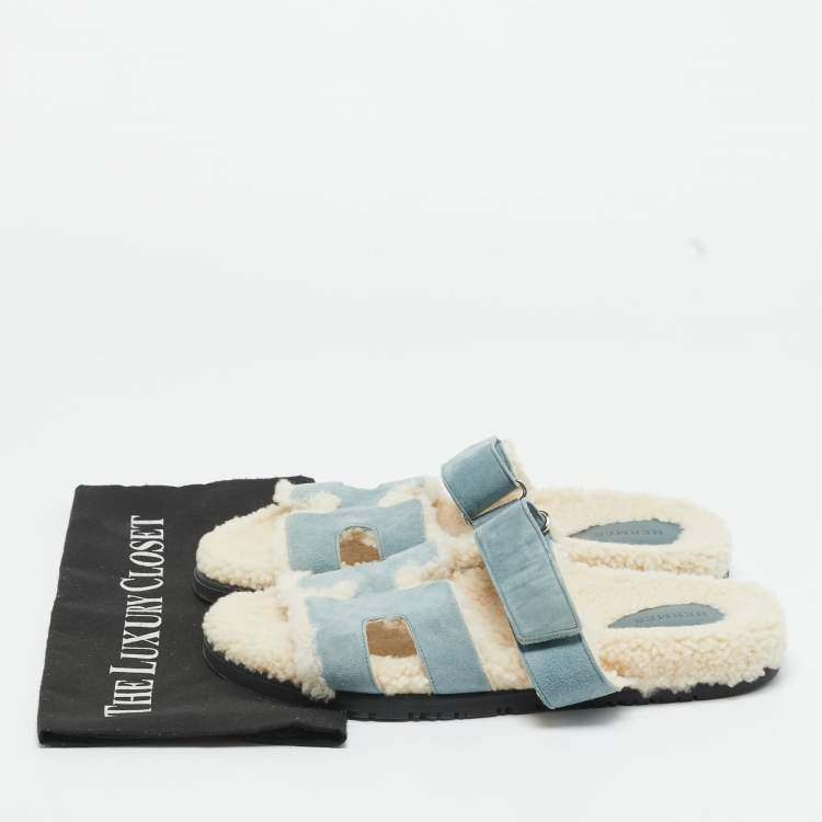 Pre Owned Hermes Blue Shearling Fur and Suede Chypre Slide Sandals Size 39