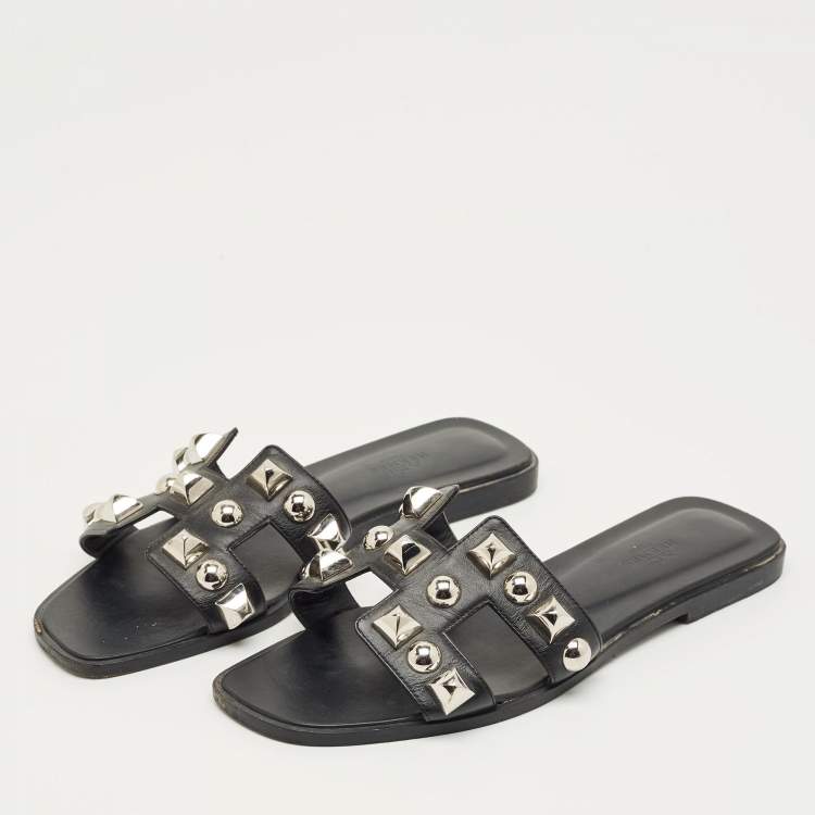 Pre Owned Hermes Black Leather Crystal Embellished Oran Flat Slides Size 38