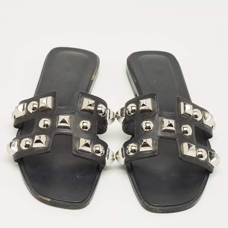Pre Owned Hermes Black Leather Crystal Embellished Oran Flat Slides Size 38
