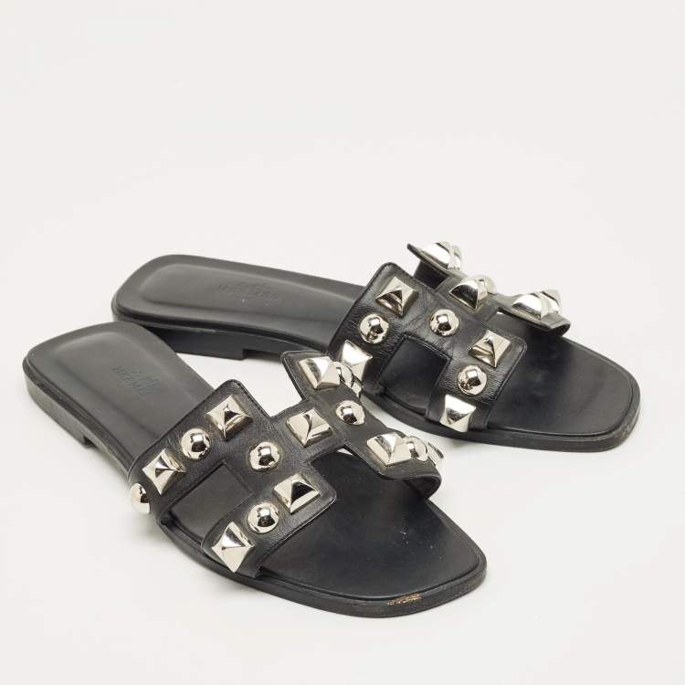 Pre Owned Hermes Black Leather Crystal Embellished Oran Flat Slides Size 38
