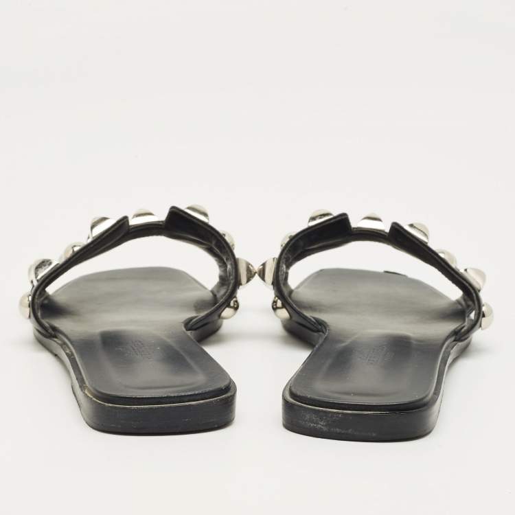Pre Owned Hermes Black Leather Crystal Embellished Oran Flat Slides Size 38