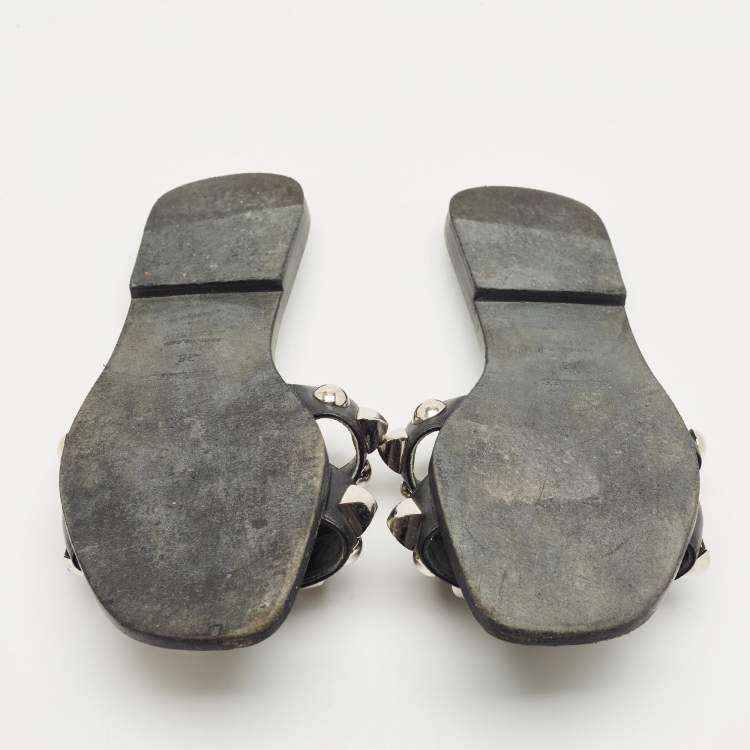 Pre Owned Hermes Black Leather Crystal Embellished Oran Flat Slides Size 38