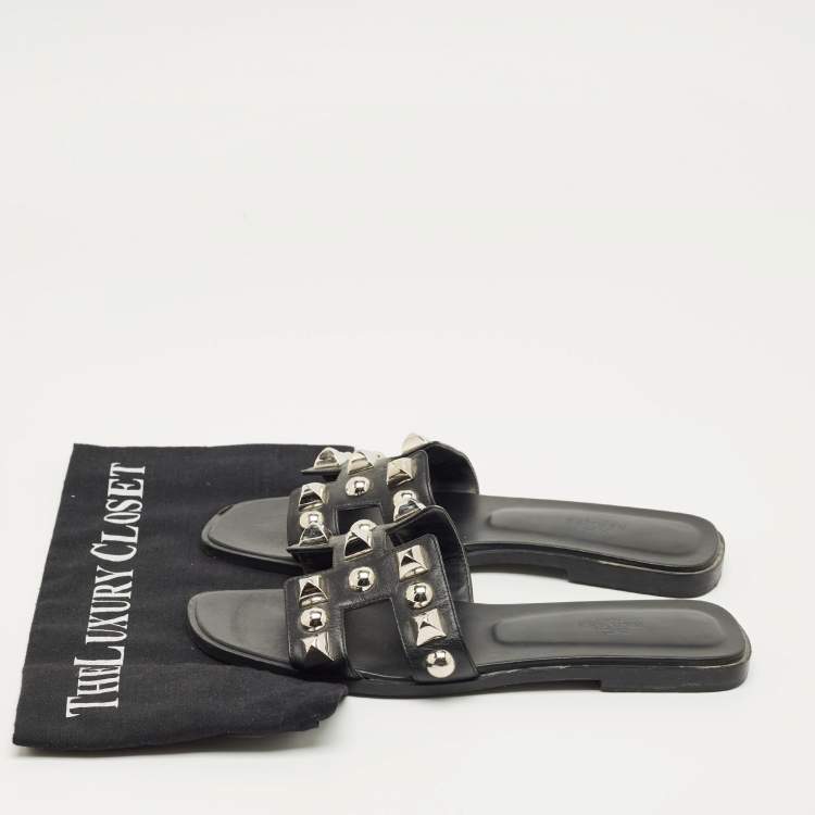 Pre Owned Hermes Black Leather Crystal Embellished Oran Flat Slides Size 38