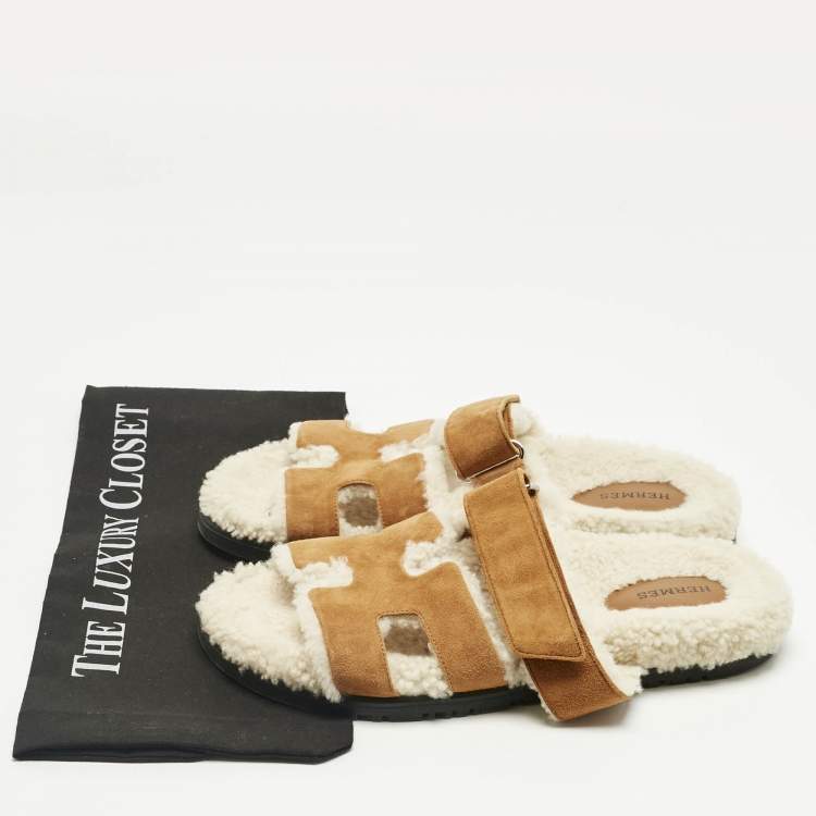 Pre Owned Hermes Brown Suede Shearling Fur Chypre Sandals Size 39.5