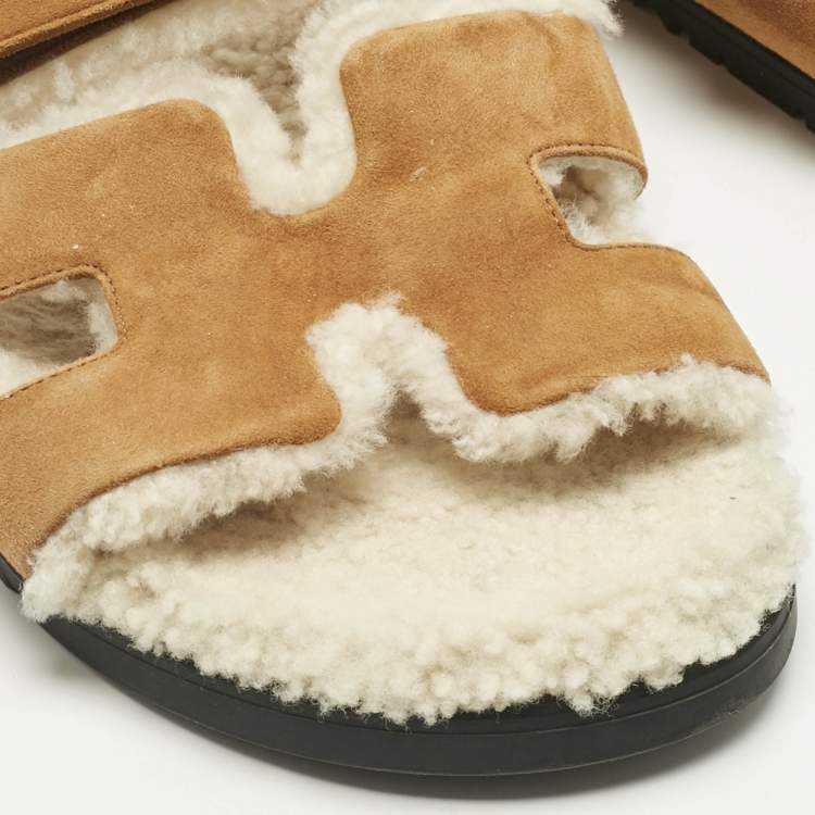Pre Owned Hermes Brown Suede Shearling Fur Chypre Sandals Size 39.5