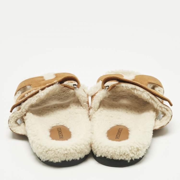 Pre Owned Hermes Brown Suede Shearling Fur Chypre Sandals Size 39.5