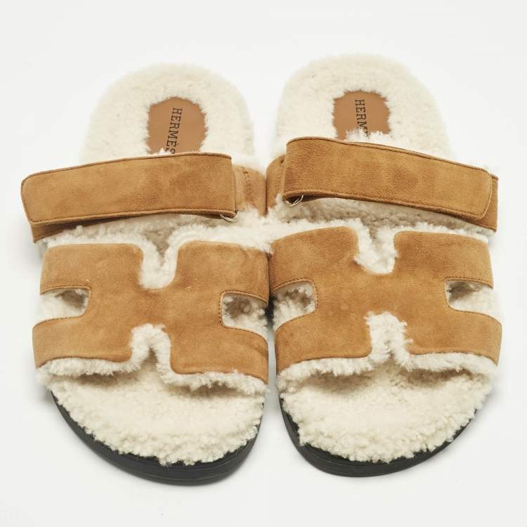 Pre Owned Hermes Brown Suede Shearling Fur Chypre Sandals Size 39.5