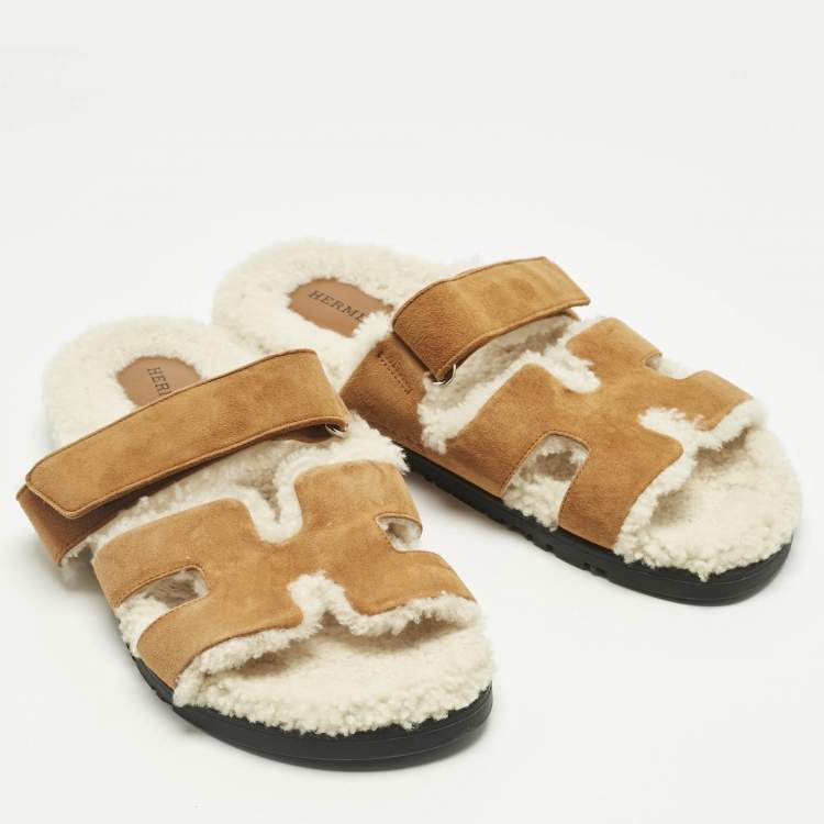 Pre Owned Hermes Brown Suede Shearling Fur Chypre Sandals Size 39.5