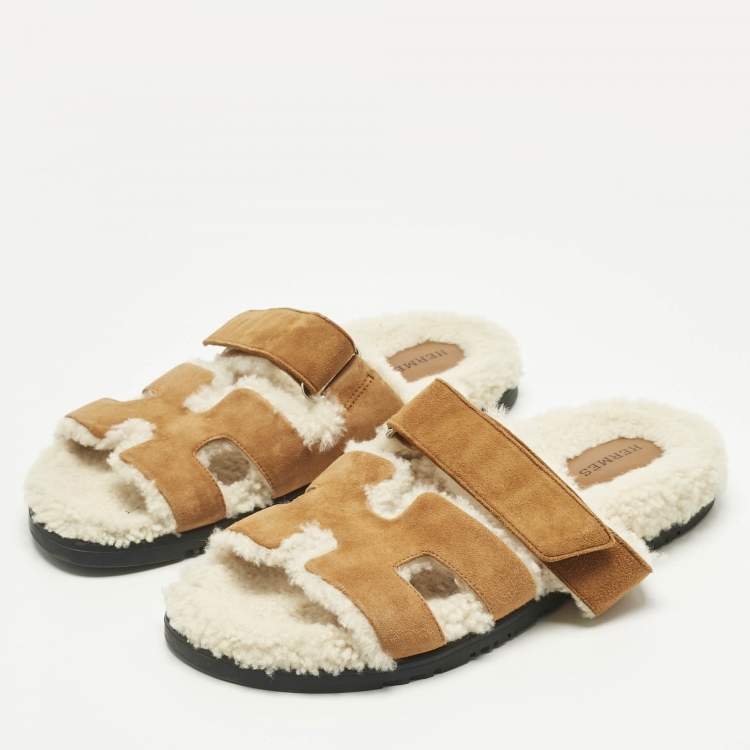 Pre Owned Hermes Brown Suede Shearling Fur Chypre Sandals Size 39.5