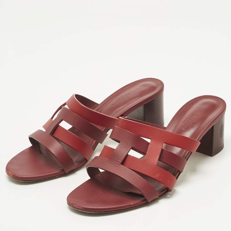 Pre Owned Hermes Red/Burgundy Leather Amika Slide Sandals Size 40