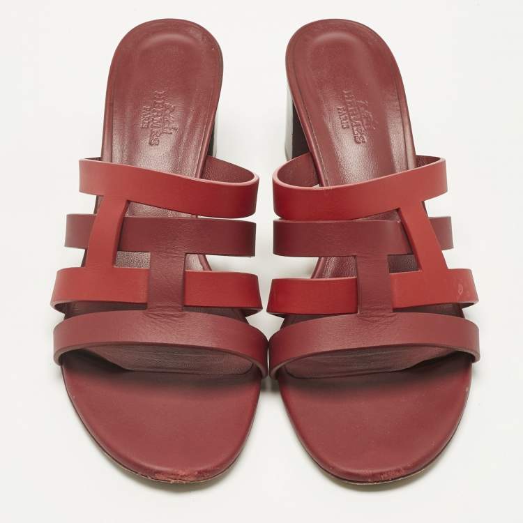 Pre Owned Hermes Red/Burgundy Leather Amika Slide Sandals Size 40