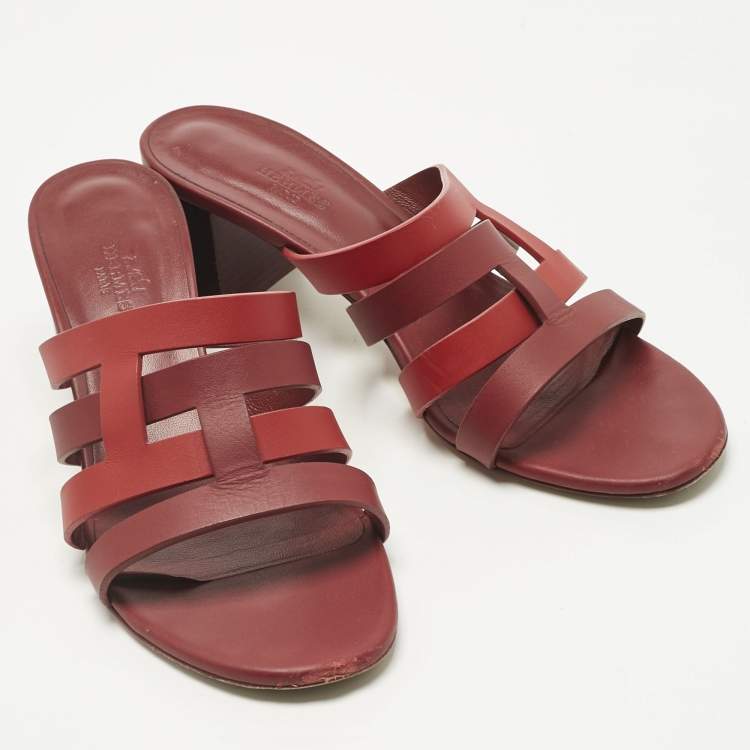 Pre Owned Hermes Red/Burgundy Leather Amika Slide Sandals Size 40
