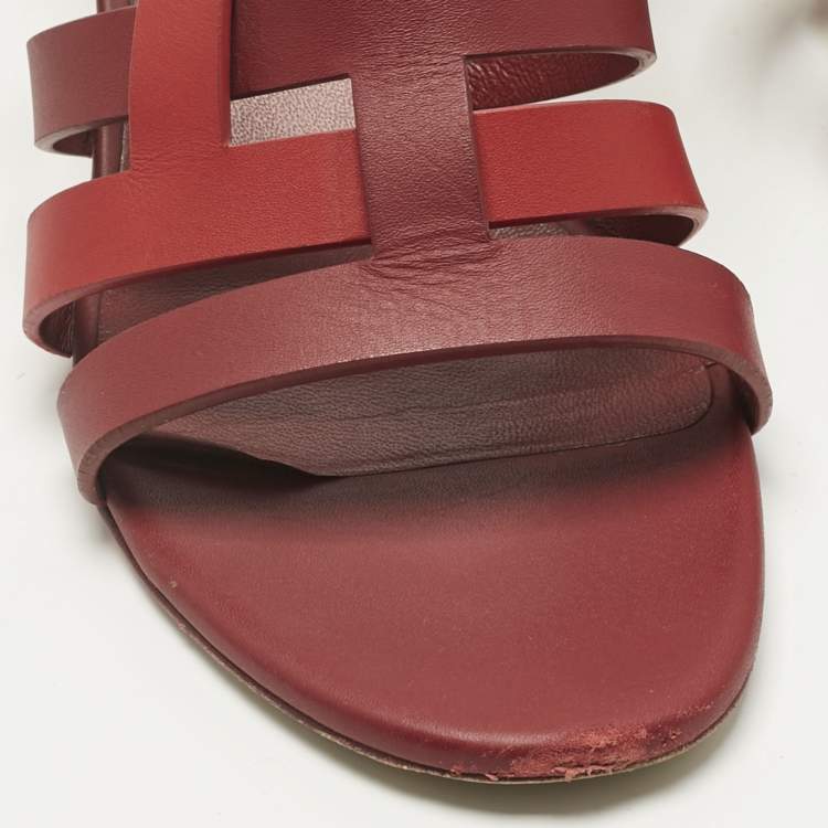 Pre Owned Hermes Red/Burgundy Leather Amika Slide Sandals Size 40