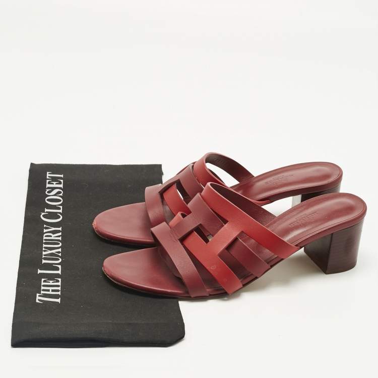 Pre Owned Hermes Red/Burgundy Leather Amika Slide Sandals Size 40