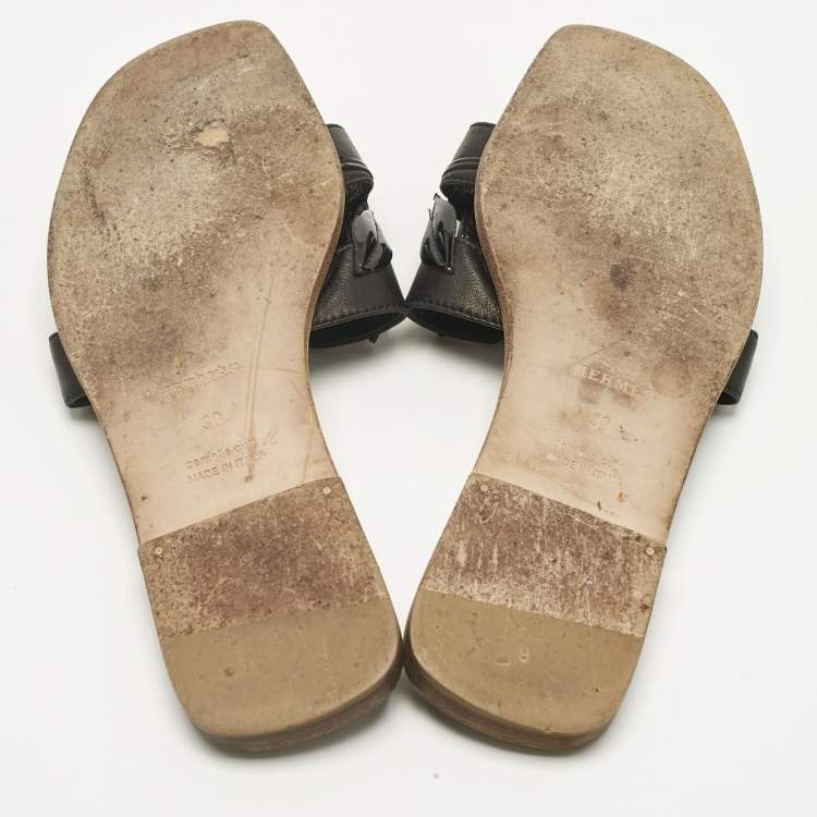 Pre Owned Hermes Black Leather Laurel Oran Flat Slide Size 39