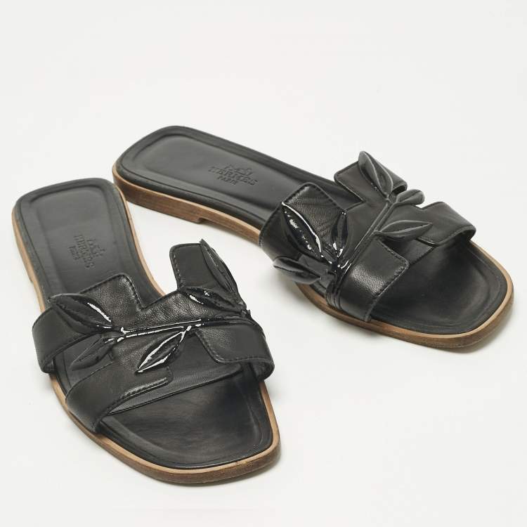 Pre Owned Hermes Black Leather Laurel Oran Flat Slide Size 39