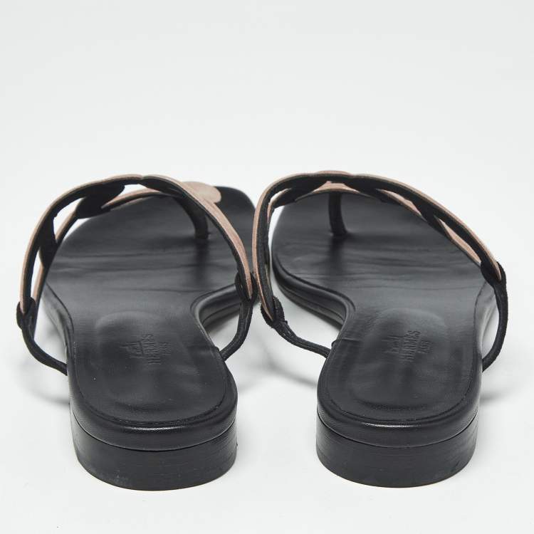 Pre Owned Hermes Metallic Pink Suede Beach Flat Slides Size 38