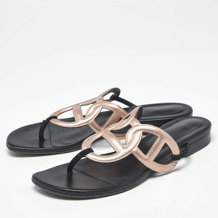 Pre Owned Hermes Metallic Pink Suede Beach Flat Slides Size 38