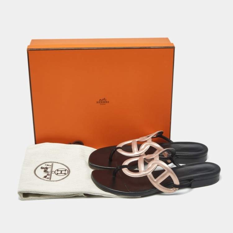 Pre Owned Hermes Metallic Pink Suede Beach Flat Slides Size 38