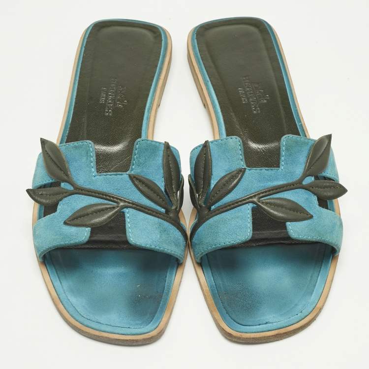 Pre Owned Hermes Blue/Green Leather and Suede Oran Laurier Sandals Size 36.5