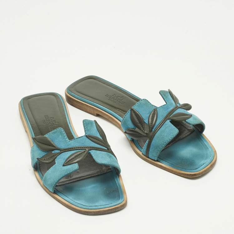 Pre Owned Hermes Blue/Green Leather and Suede Oran Laurier Sandals Size 36.5