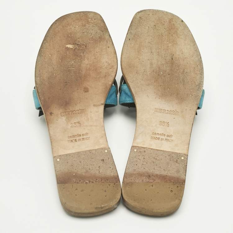 Pre Owned Hermes Blue/Green Leather and Suede Oran Laurier Sandals Size 36.5