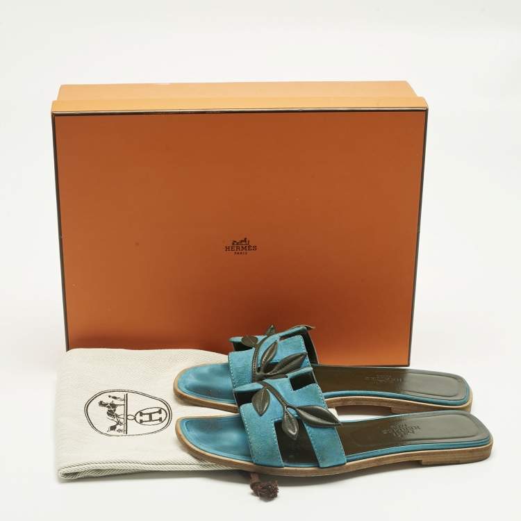 Pre Owned Hermes Blue/Green Leather and Suede Oran Laurier Sandals Size 36.5