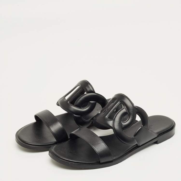 مملوكة  مسبقًا Hermes Black Leather Lagune Flat Slide Size 38