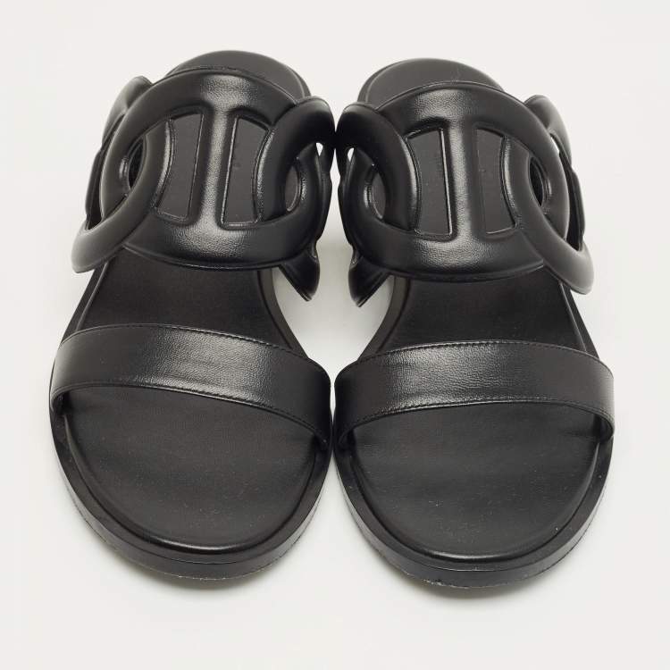 مملوكة مسبقًا Hermes Black Leather Lagune Flat Slide Size 38