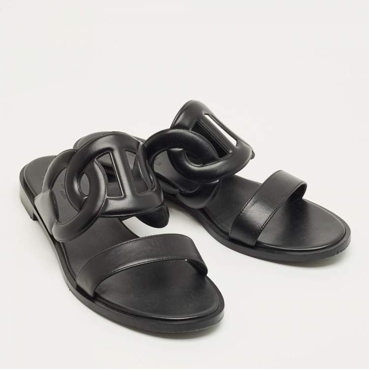 مملوكة مسبقًا Hermes Black Leather Lagune Flat Slide Size 38