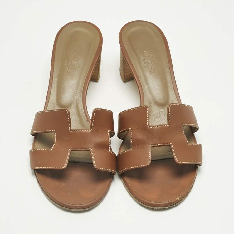 Pre Owned Hermes Brown Leather Oasis Block Heel Slide Sandals Size 38