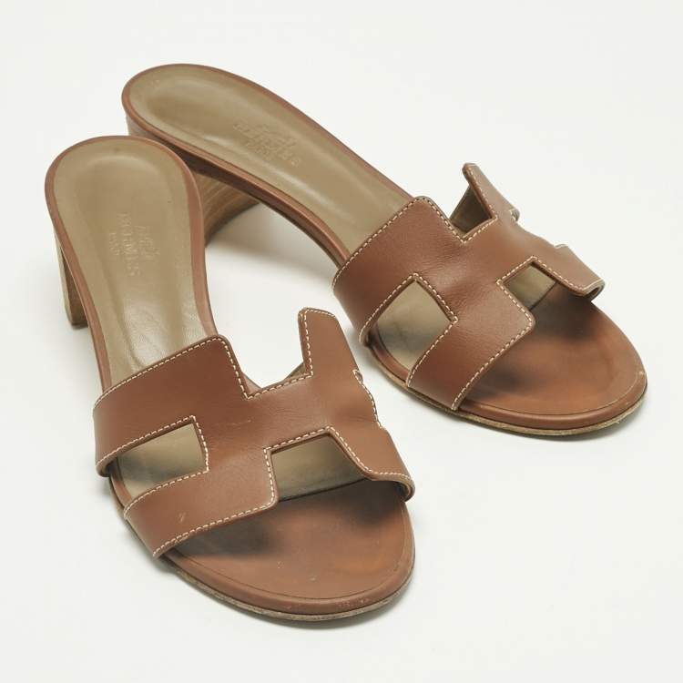 Pre Owned Hermes Brown Leather Oasis Block Heel Slide Sandals Size 38