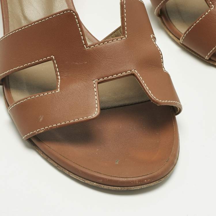 Pre Owned Hermes Brown Leather Oasis Block Heel Slide Sandals Size 38